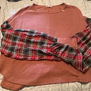 Mauve waffle knit with plaid sleeves crop top